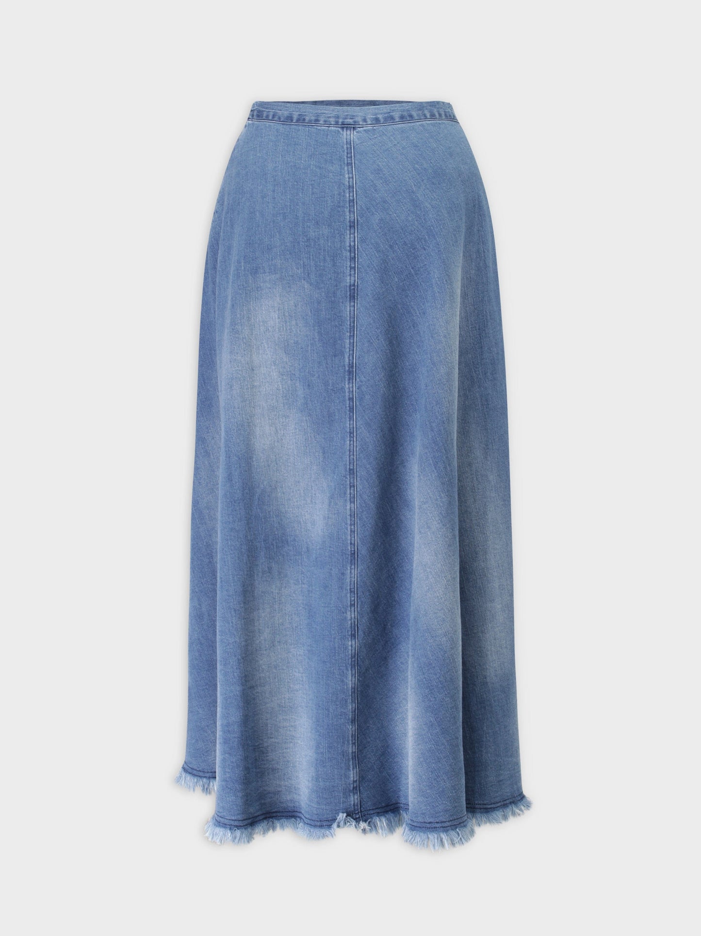 Washed Fringe Denim Skirt-Denim Blue-2