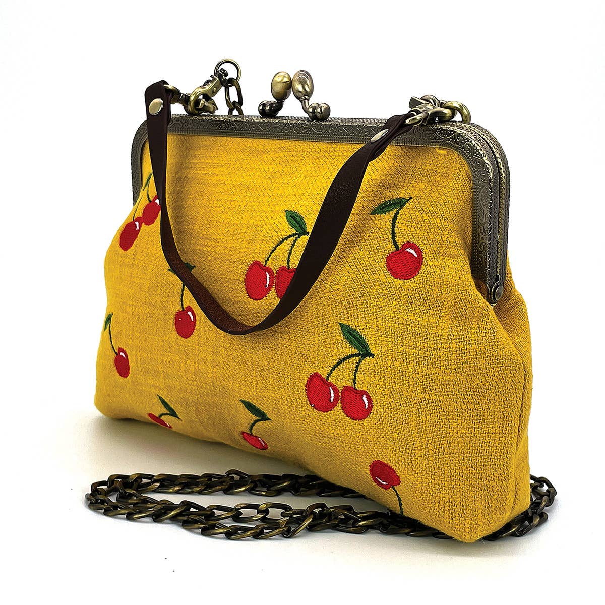 Cherry Kisslock Handbag in Linen + Cotton blend fabric: BLACK-2