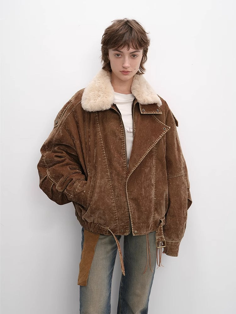 Fireladyfur Women's Distressed Denim Down Jacket | Wool Collar“City Travel”-4