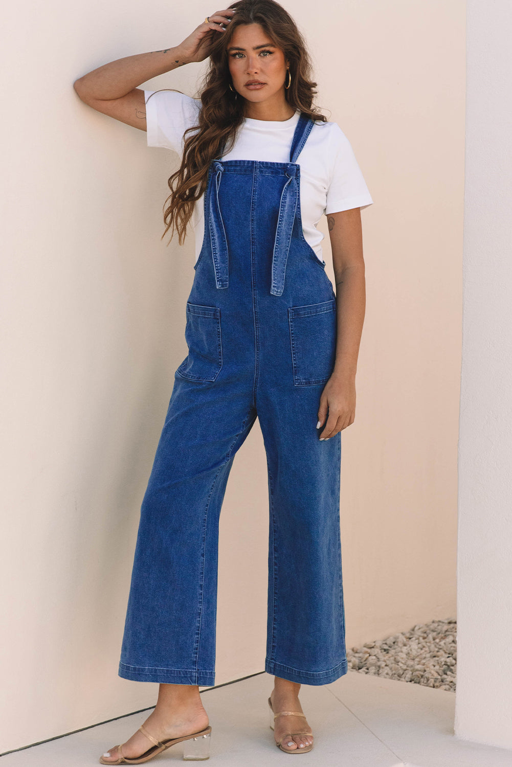 Elodie Knotted Strap Wide Leg Denim Overalls-3