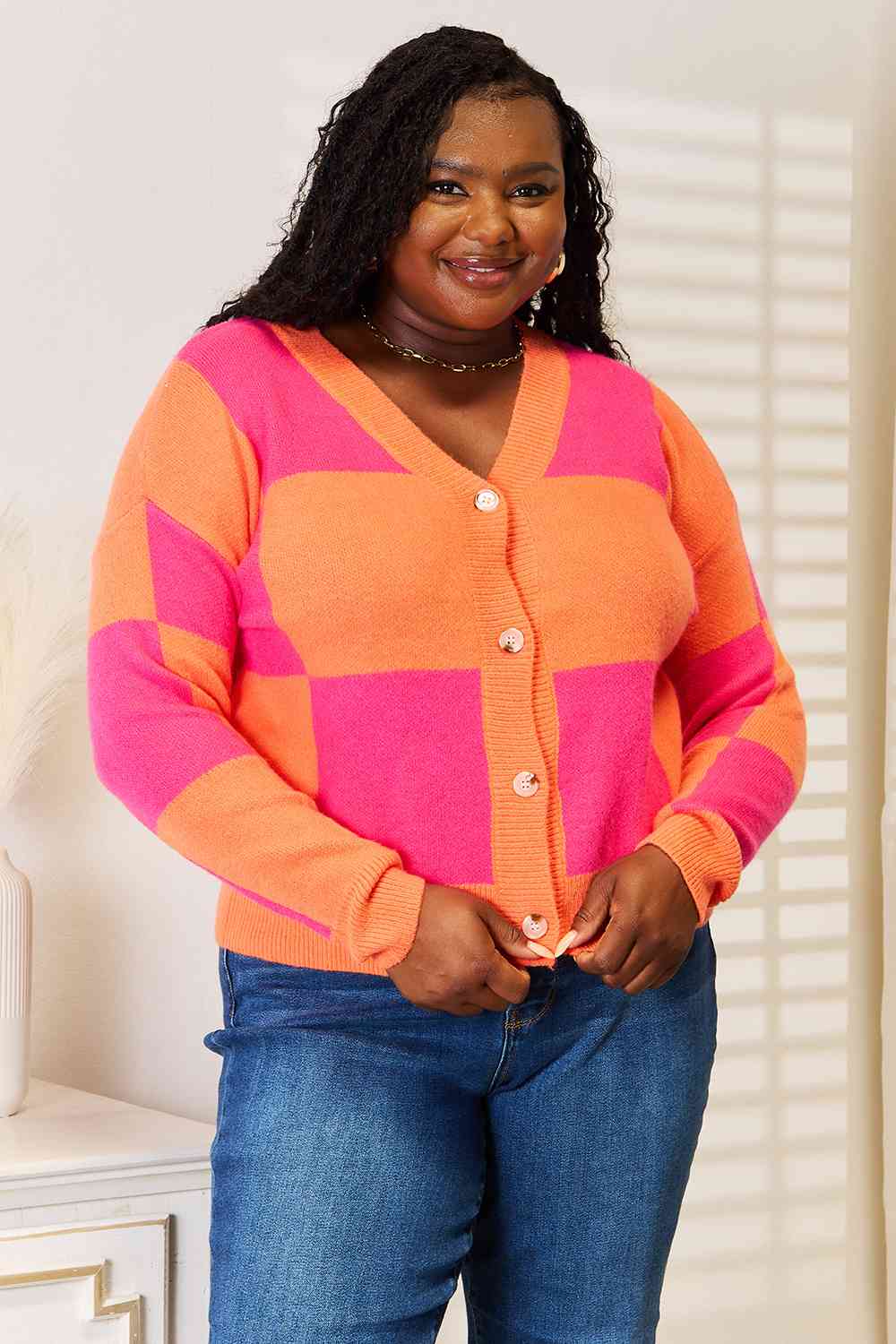 Woven Right Checkered V-Neck Dropped Shoulder Cardigan-2