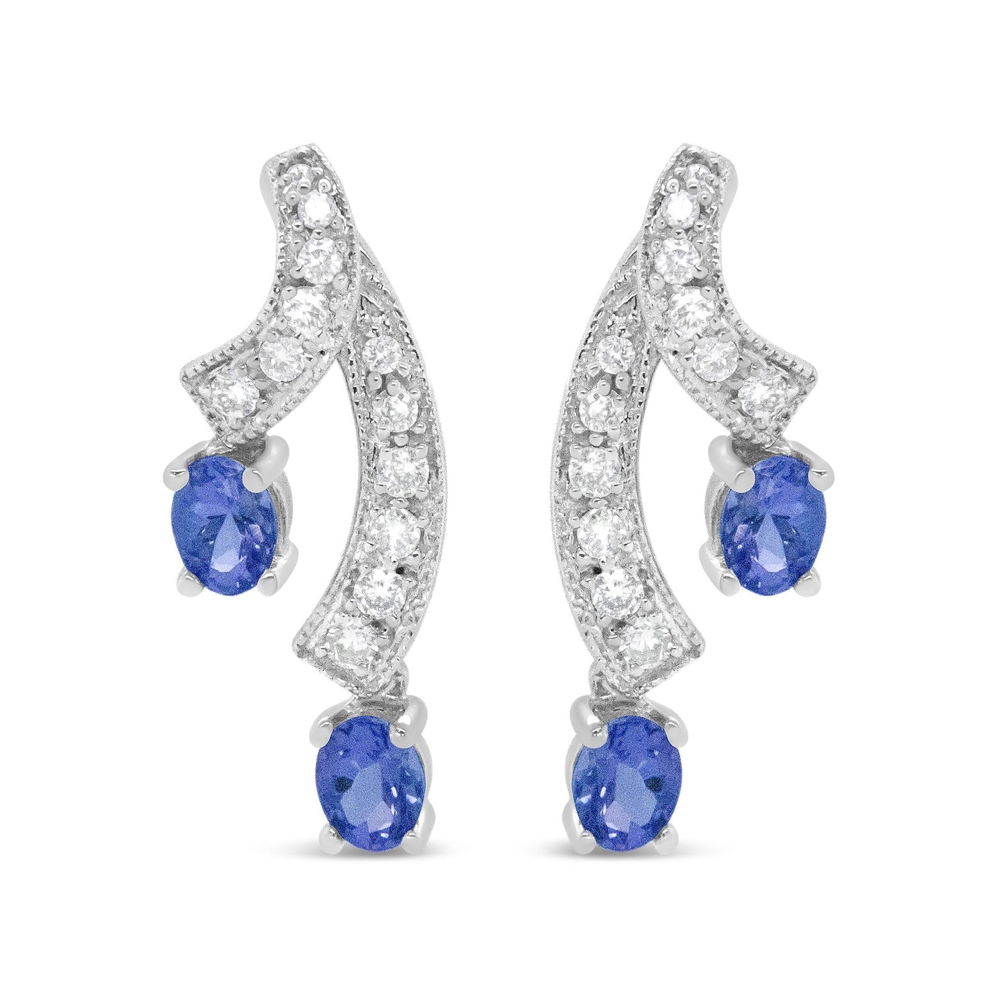 14K White Gold 4x3MM Oval Shaped Natural Blue Tanzanite Gemstone and 1/5 Cttw Diamond Double 3/4" Inch Drop Stud Earrings (H-I Color, VS1-VS2 Clarity)-0
