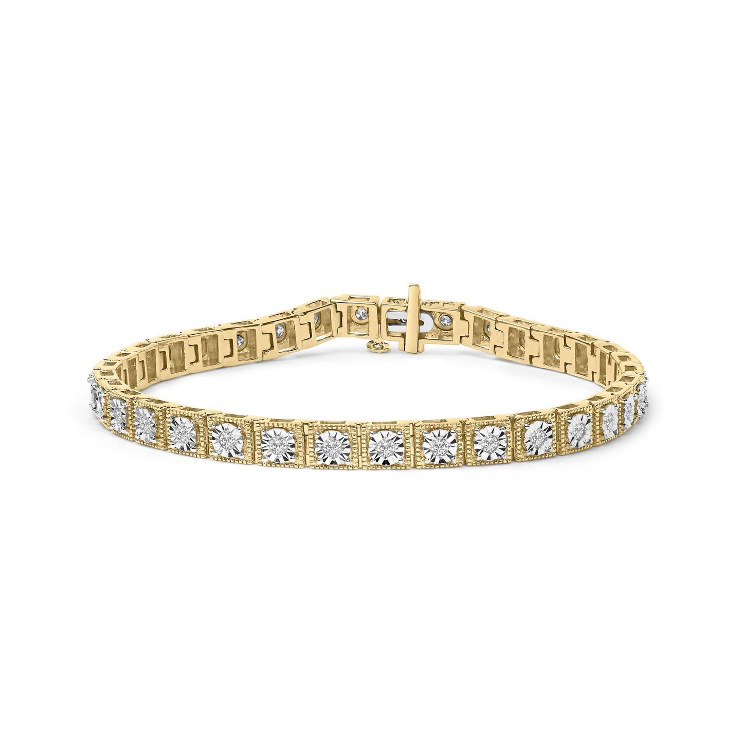 14K Yellow Gold Plated .925 Sterling Silver 1.0 Cttw Miracle Set Diamond Milgrain Link Tennis Bracelet (I-J Color, I2-I3 Clarity) - 7" Inches-0