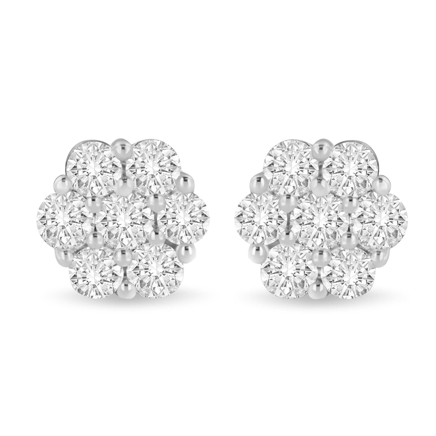 14K White Gold 3 cttw Prong Set Round-Cut Diamond Floral Cluster Stud Earring (I-J Color, SI1-SI2 Clarity)-0