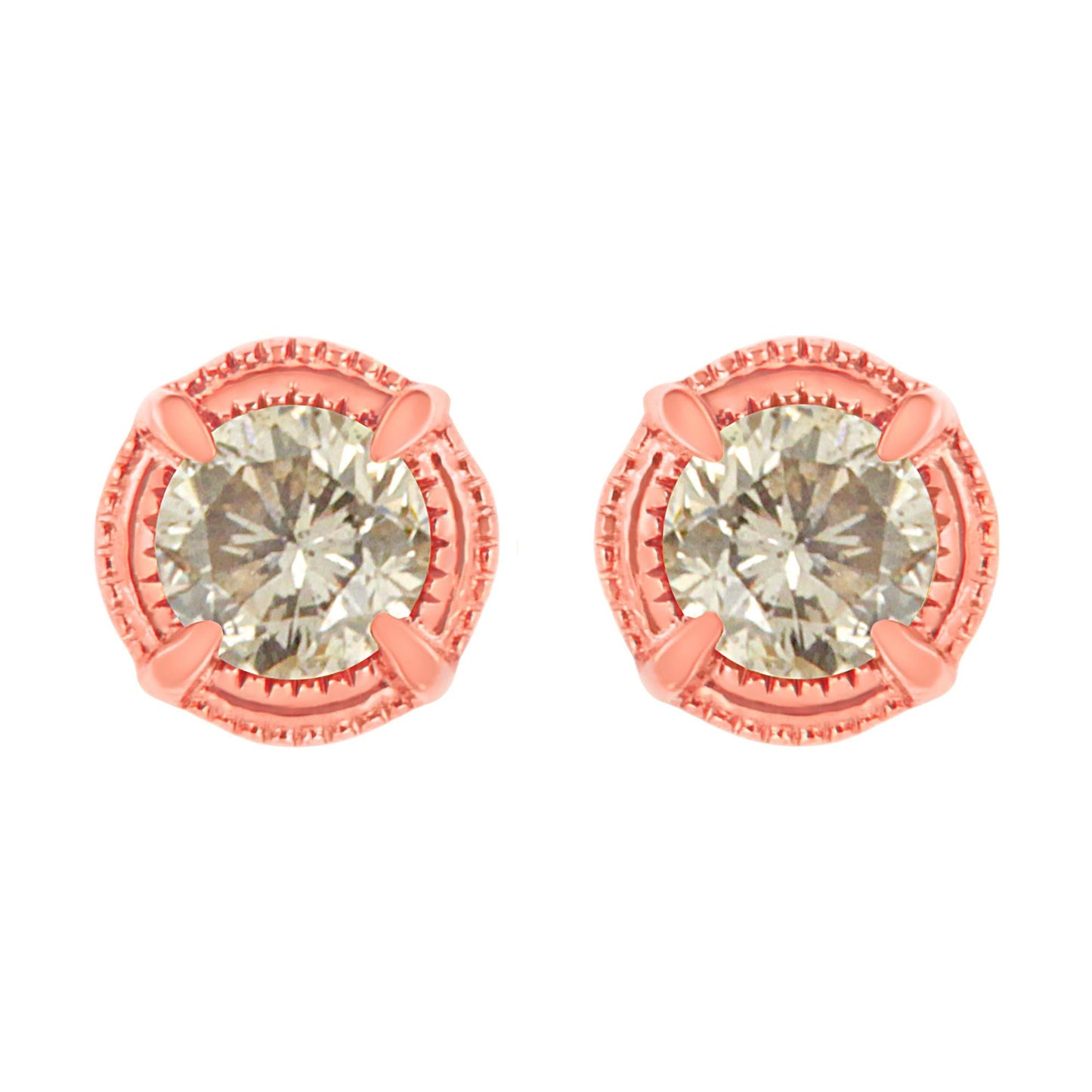 .925 Sterling Silver Round Brilliant Cut Diamond Solitaire Milgrain Stud Earrings-0
