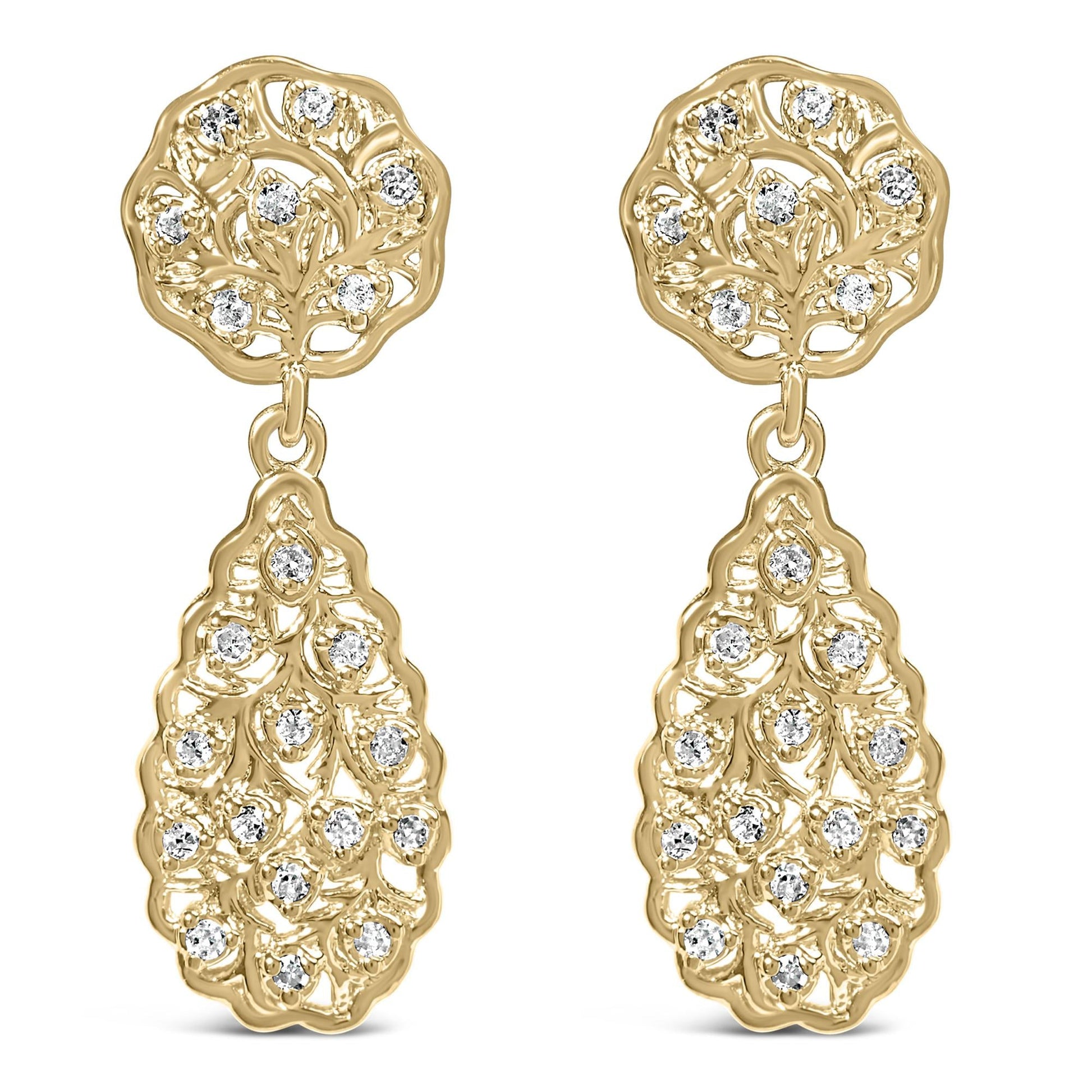 14K Yellow Gold Plated Sterling Silver 1/5 Cttw Diamond Teardrop Filigree Earrings (H-I Color, I1-I2 Clarity)-0