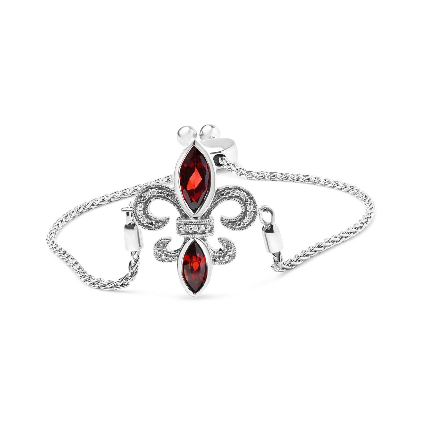 .925 Sterling Silver Marquise Garnet and Diamond Accent Lariat 4”-10” Fleur De Lis Adjustable Bolo Bracelet (H-I Color, SI1-SI2 Clarity)-0