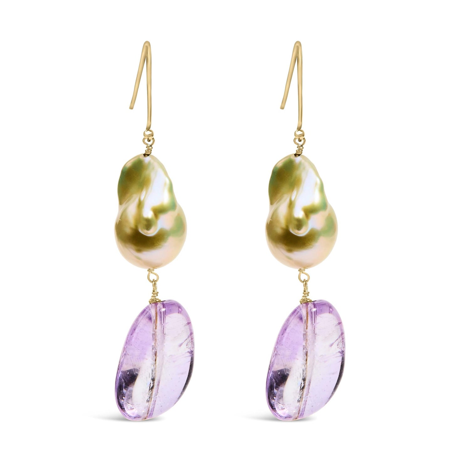 14K Yellow Gold Amethyst and Baroque Pearl Drop and Dangle Earrings 2" Inch Dangle Length-0