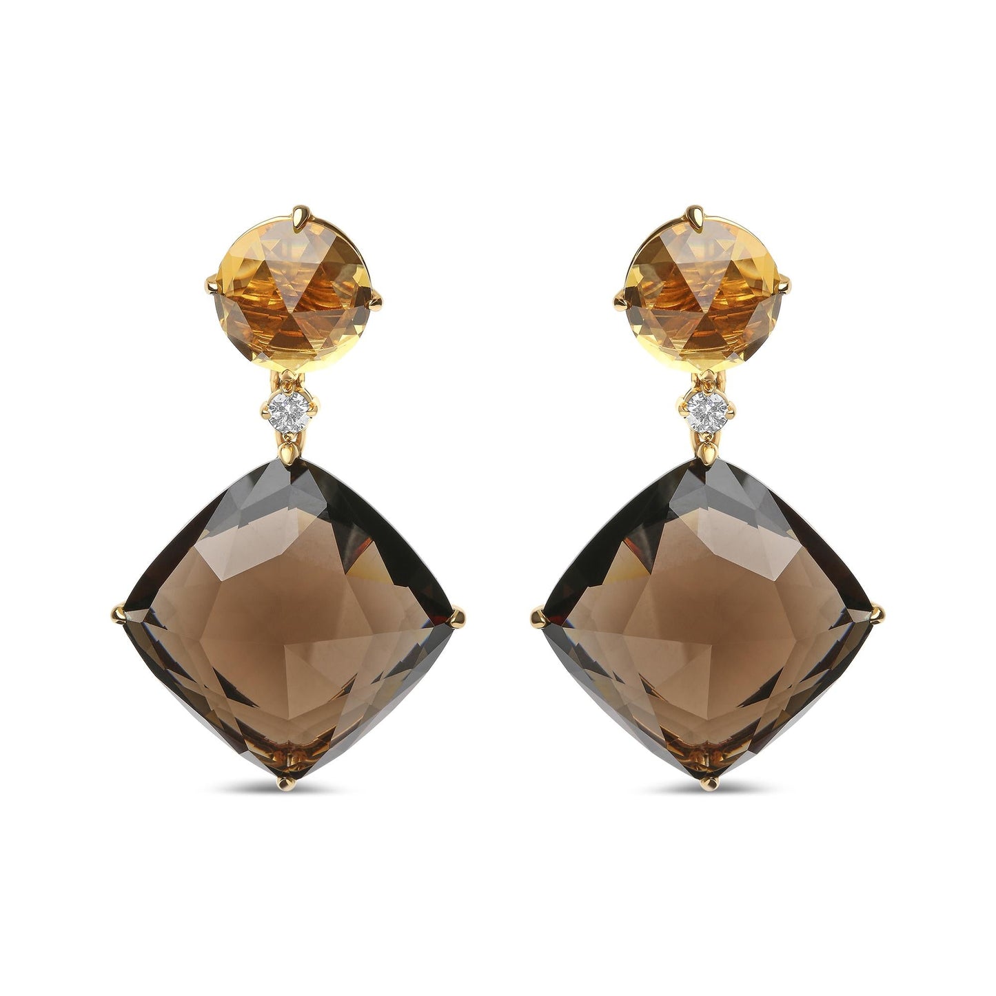 18K Yellow Gold 1/5 Cttw Diamond with Round Yellow Citrine and 25mm Cushion Cut Smoky Quartz Gemstone Dangle Earring (G-H Color, SI1-SI2 Clarity)-0