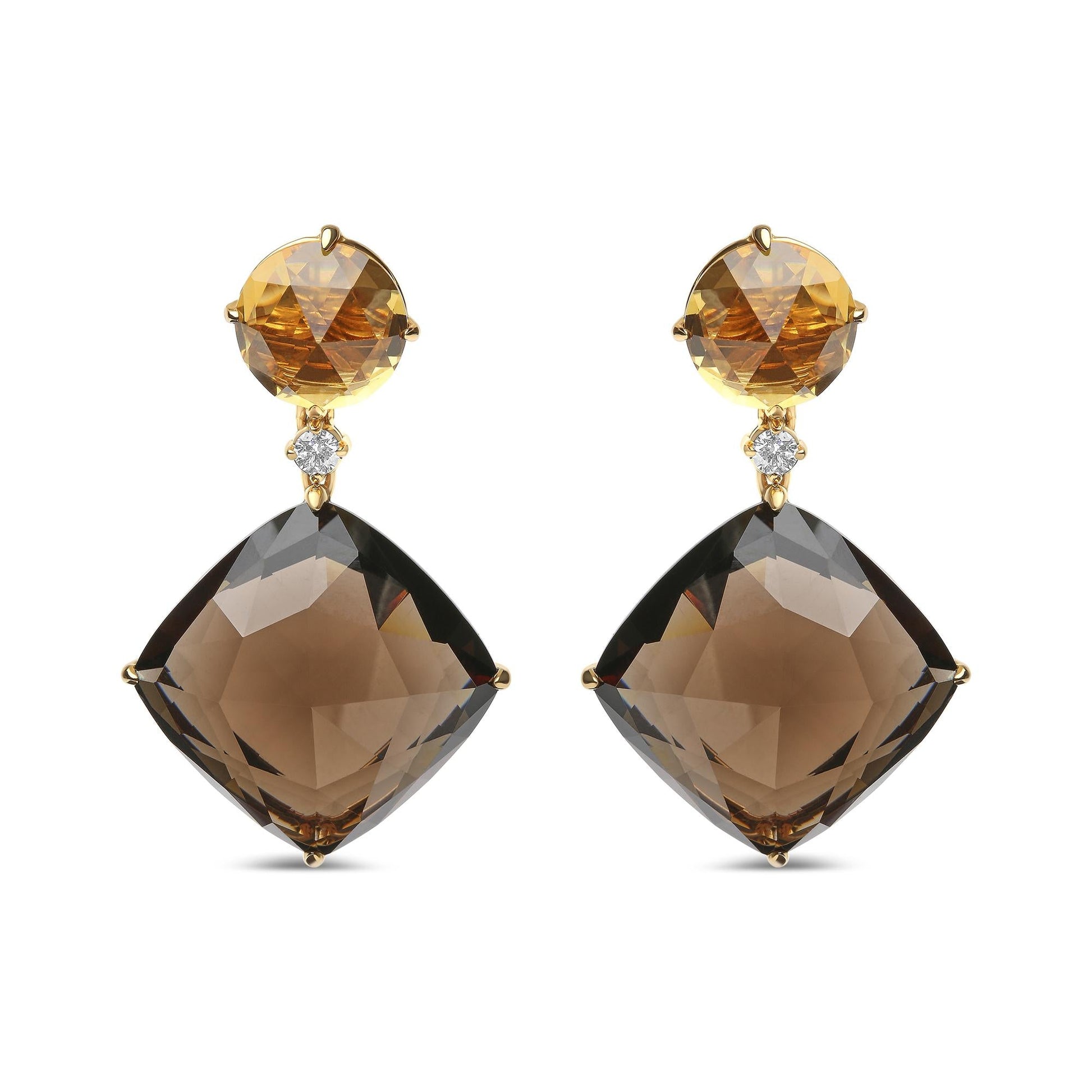 18K Yellow Gold 1/5 Cttw Diamond with Round Yellow Citrine and 25mm Cushion Cut Smoky Quartz Gemstone Dangle Earring (G-H Color, SI1-SI2 Clarity)-0