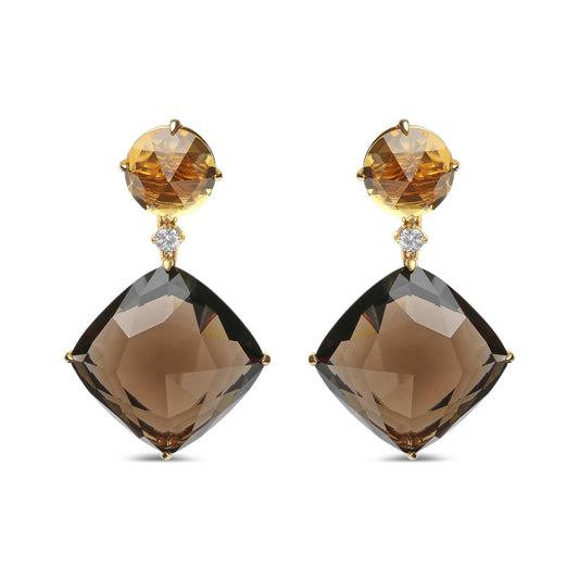 18K Yellow Gold 1/5 Cttw Diamond with Round Yellow Citrine and 25mm Cushion Cut Smoky Quartz Gemstone Dangle Earring (G-H Color, SI1-SI2 Clarity)-0
