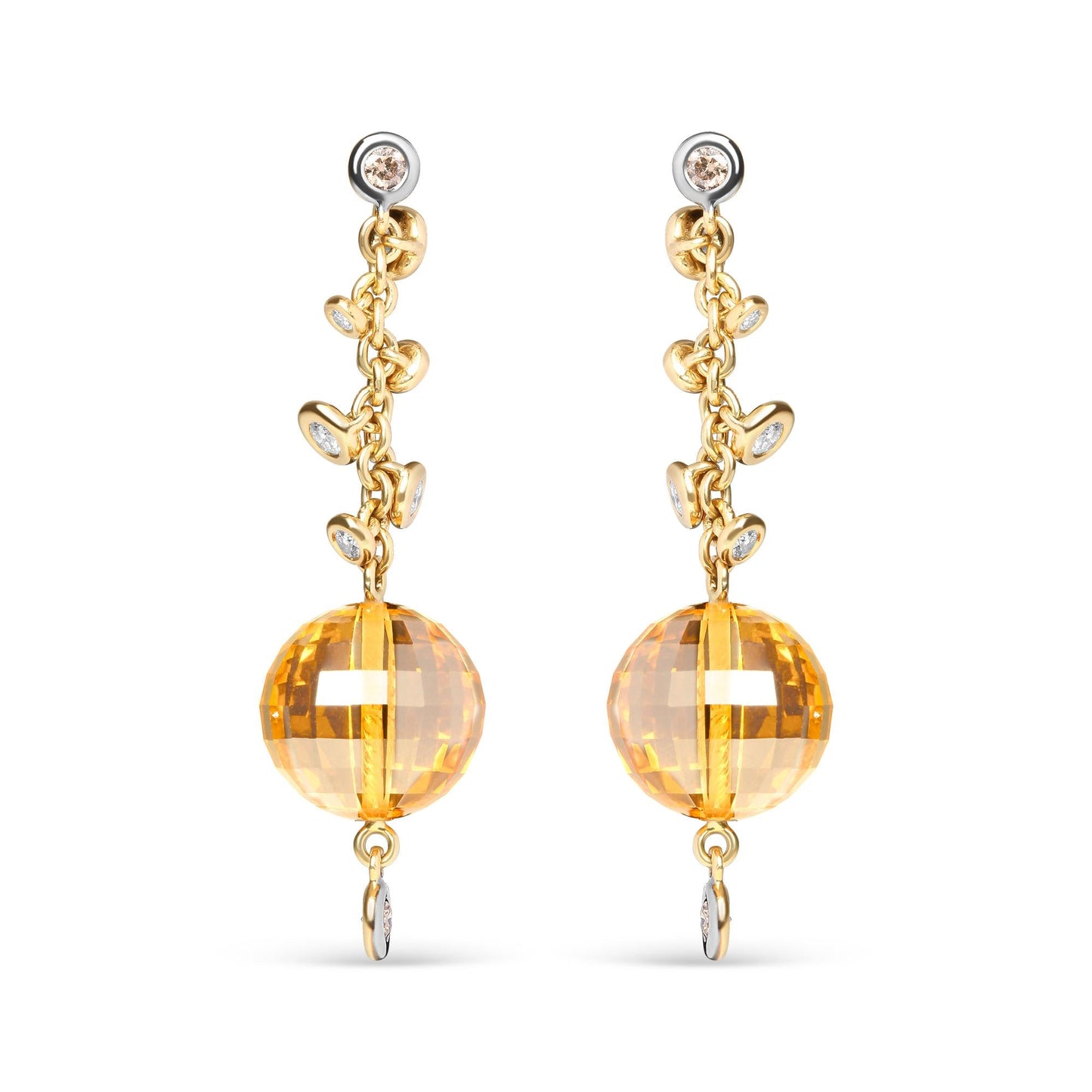 18K Yellow Gold 2/3 Cttw Round Bezel Diamond and 25mm Ball Shaped Yellow Citrine Gemstone Dangle Stud Earring (Brown and G-H Color, SI1-SI2 Clarity)-0