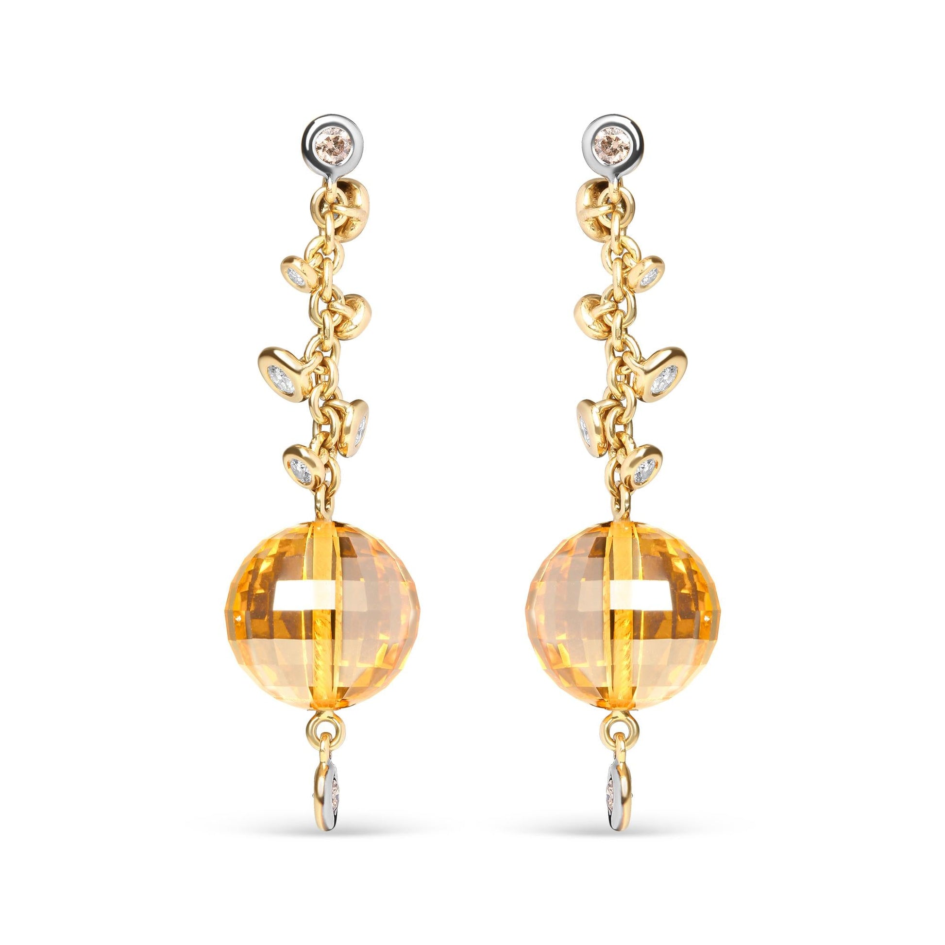 18K Yellow Gold 2/3 Cttw Round Bezel Diamond and 25mm Ball Shaped Yellow Citrine Gemstone Dangle Stud Earring (Brown and G-H Color, SI1-SI2 Clarity)-0