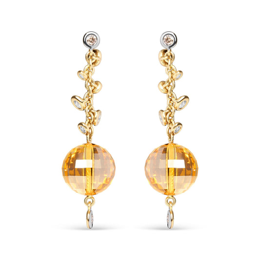 18K Yellow Gold 2/3 Cttw Round Bezel Diamond and 25mm Ball Shaped Yellow Citrine Gemstone Dangle Stud Earring (Brown and G-H Color, SI1-SI2 Clarity)-0