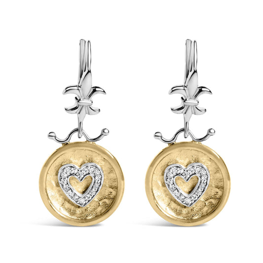 18K Yellow Gold Plated .925 Sterling Silver 1/8 Cttw Diamond Hammered Finished Medallion Heart Drop and Dangle Earrings (I-J Color, SI1-SI2 Clarity)-0