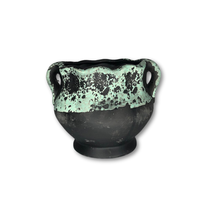 Green Sponge Pattern on Black Pot, Flat Finish-0