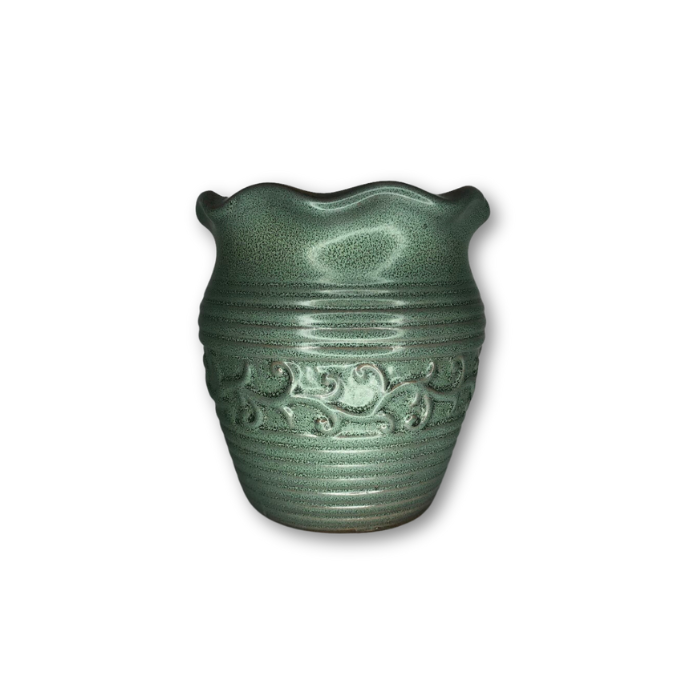 Green Antique Colored Round Pot with Vine Wrap Around Pattern-0