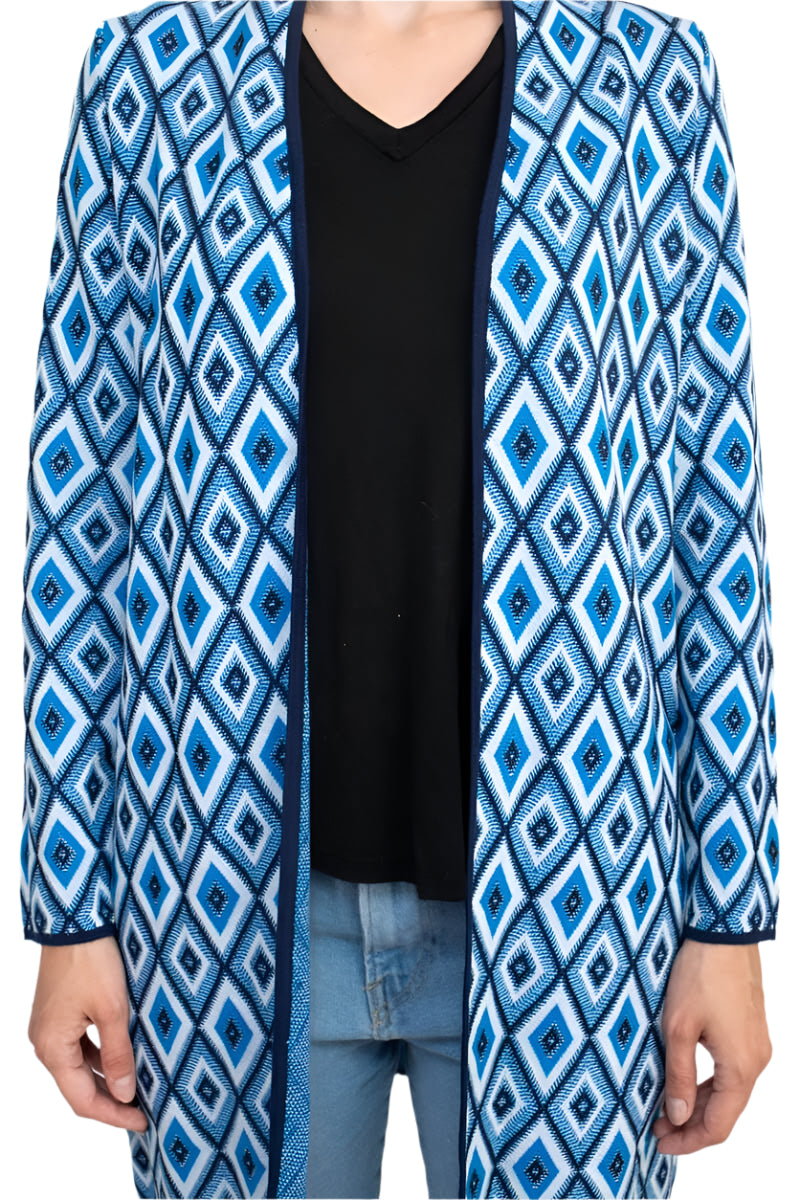 Kasper Open Front Piping Detail Diamond Jacquard Cardigan-4