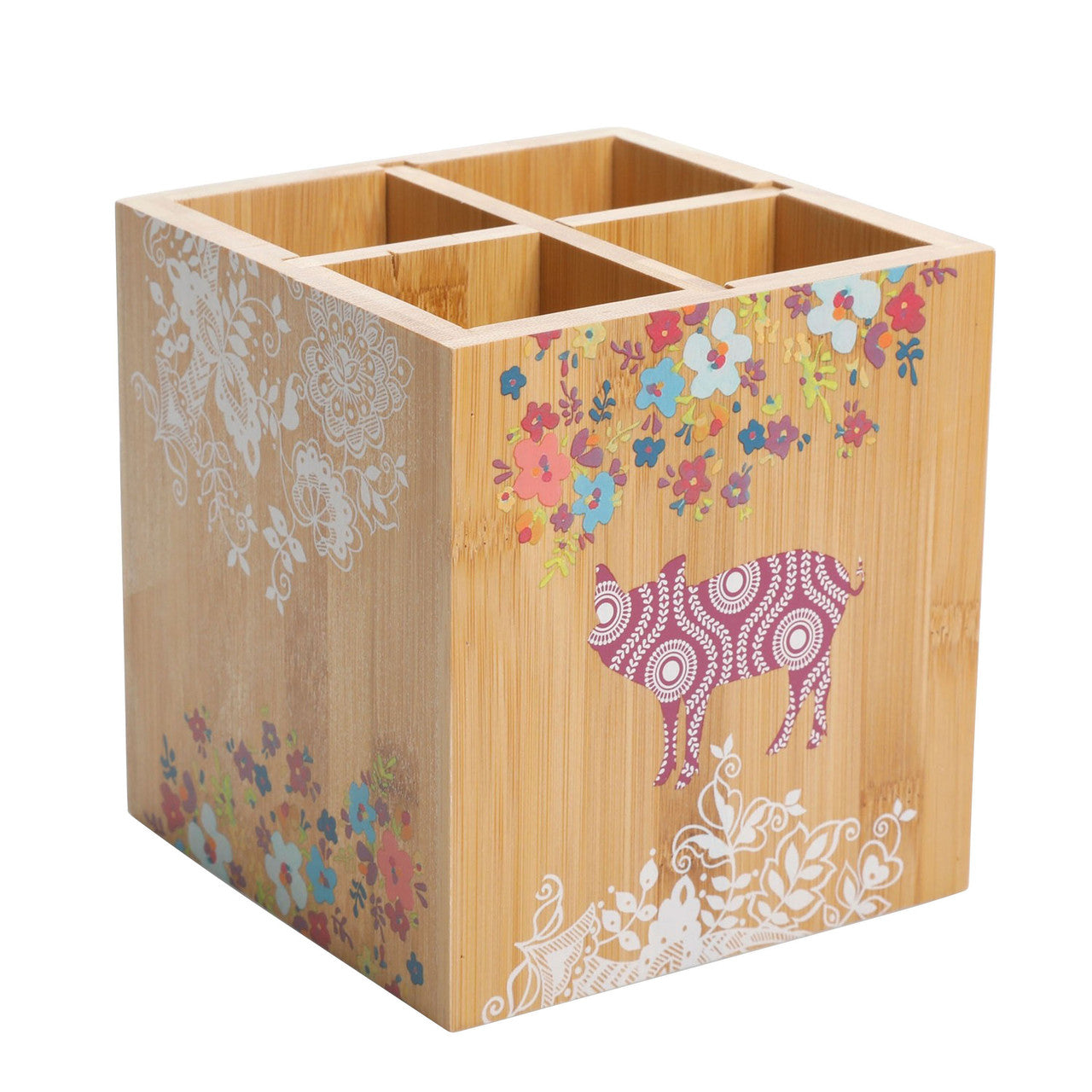 Gibson Urban Market 5.5 Inch Square Bamboo Utensil Holder in Animal and Floral Print-0