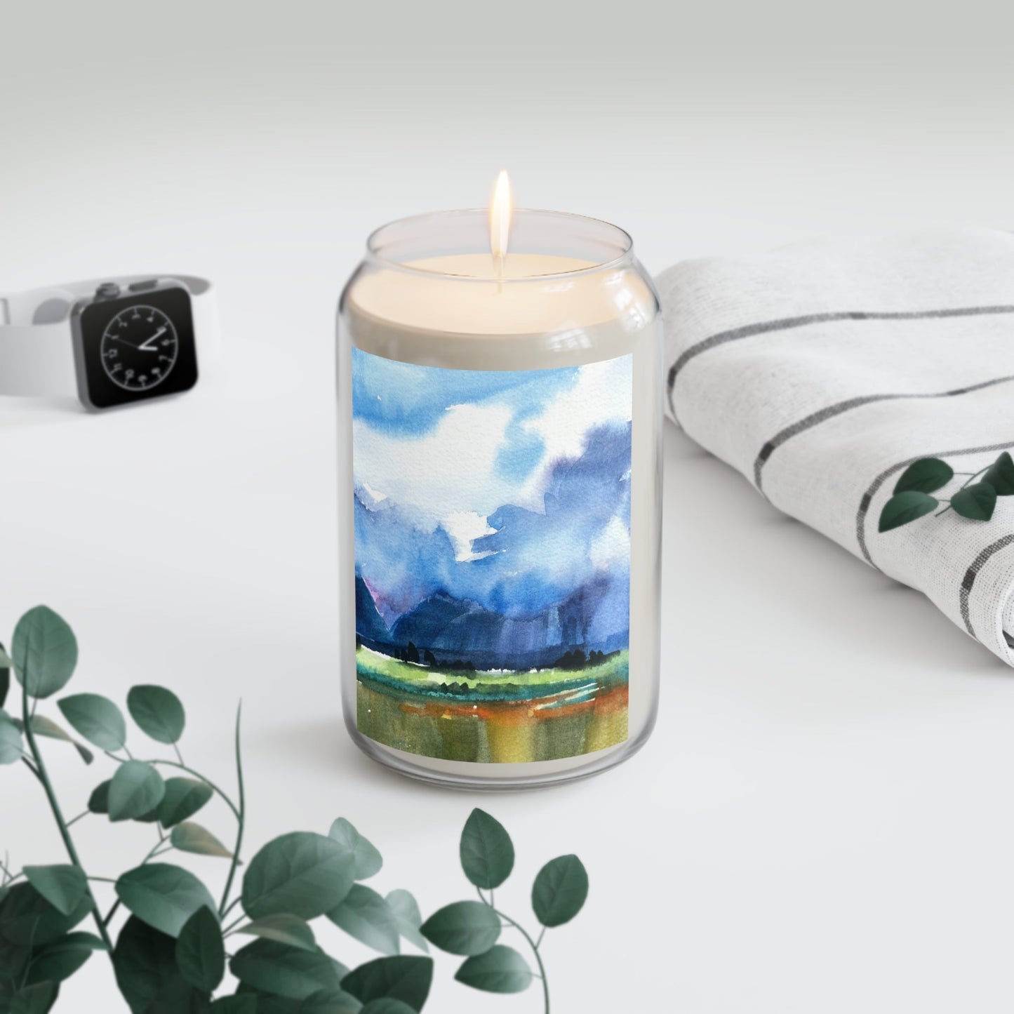 13.75oz Eco-Friendly Scented or Unscented Soy Wax Candle Jar with 'Tranquil Mountain View 4' Landscape Watercolor Artwork by American Artist Barbara Cleary-2