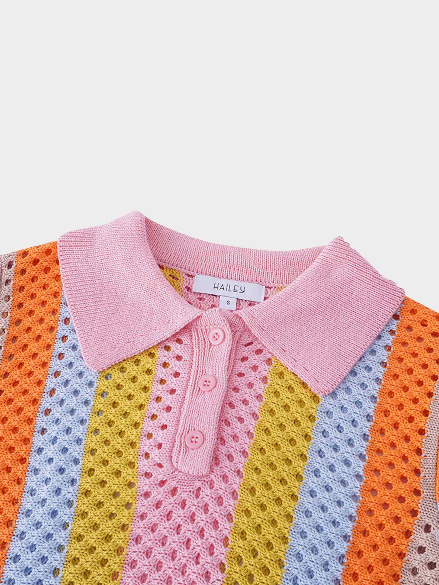 Mesh Striped Polo Sweater-Pink-2