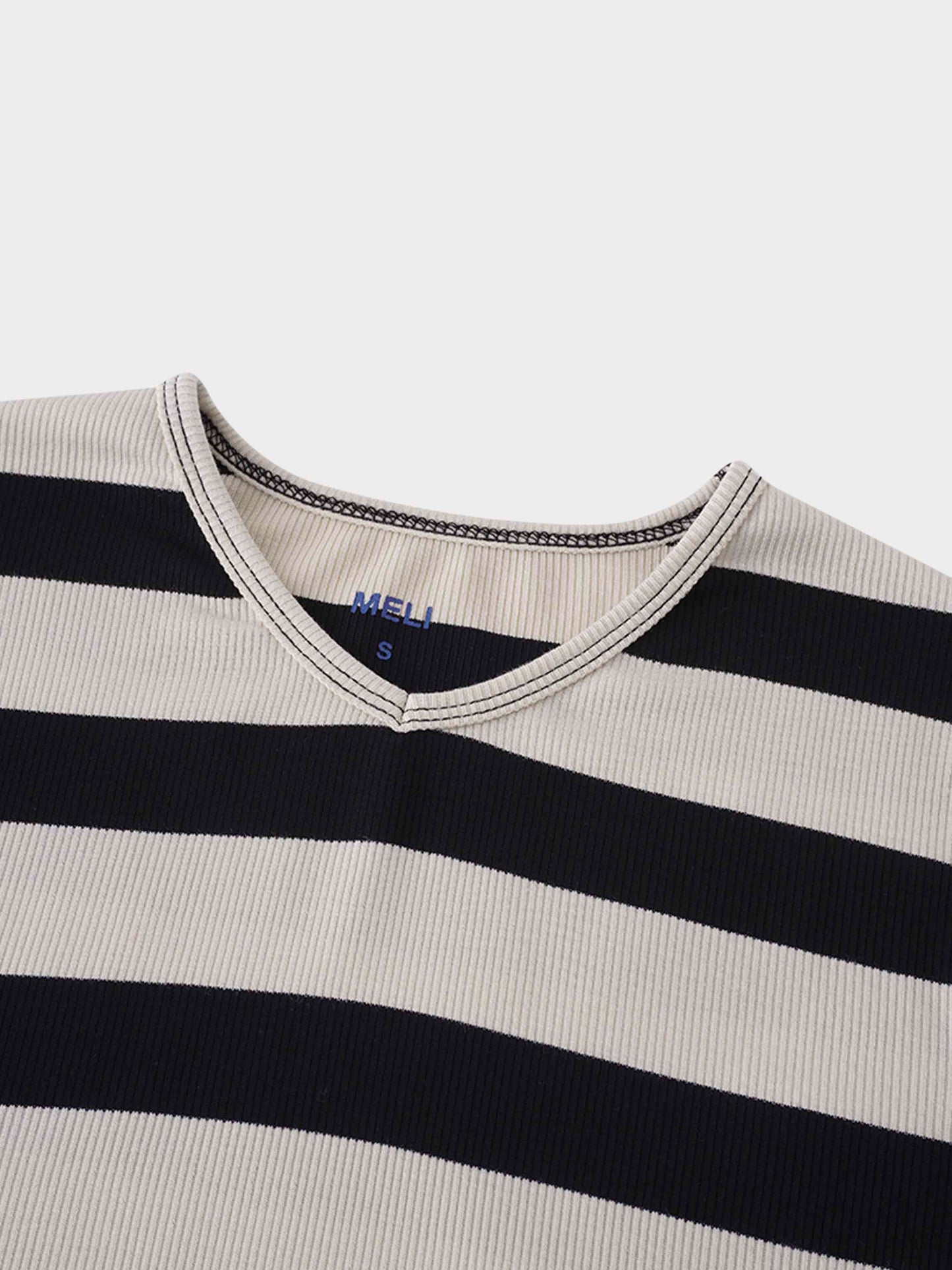 Ribbed Striped High V Tee Long Sleeve-Tan/Black-3