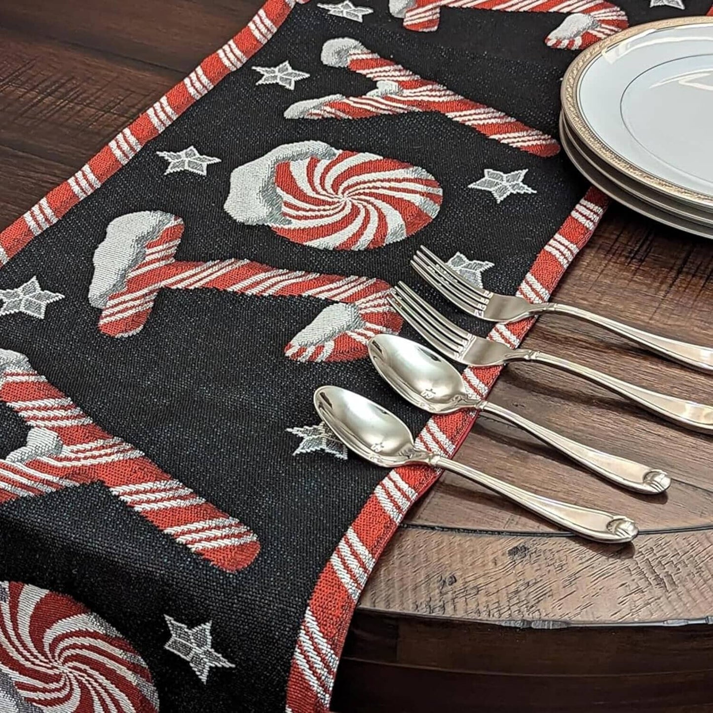 DaDa Bedding Peppermint Joy Red Black Holiday Tapestry Dining Table Runner (12904)-4