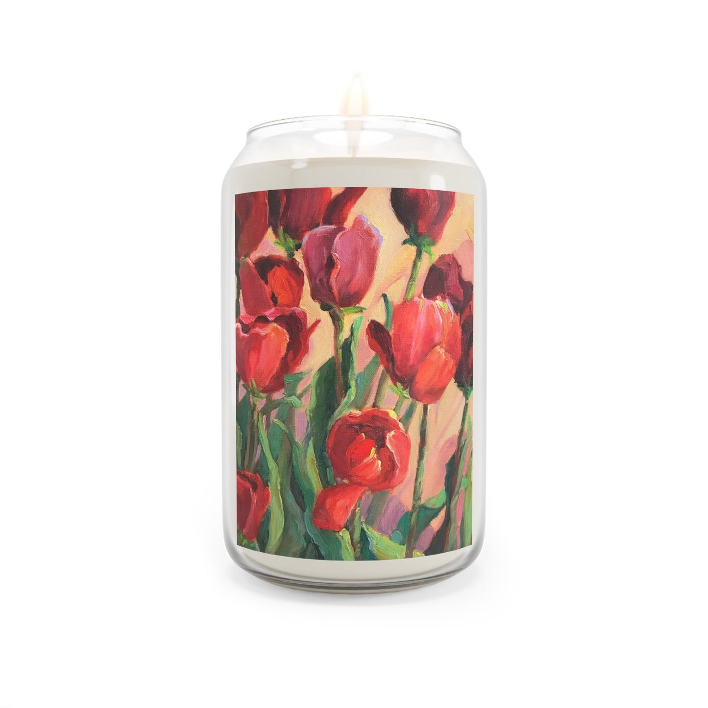 13.75oz Eco-Friendly Scented or Unscented Soy Wax Candle Jar with 'Tulips' Floral Artwork by American Artist Barbara Cleary-1
