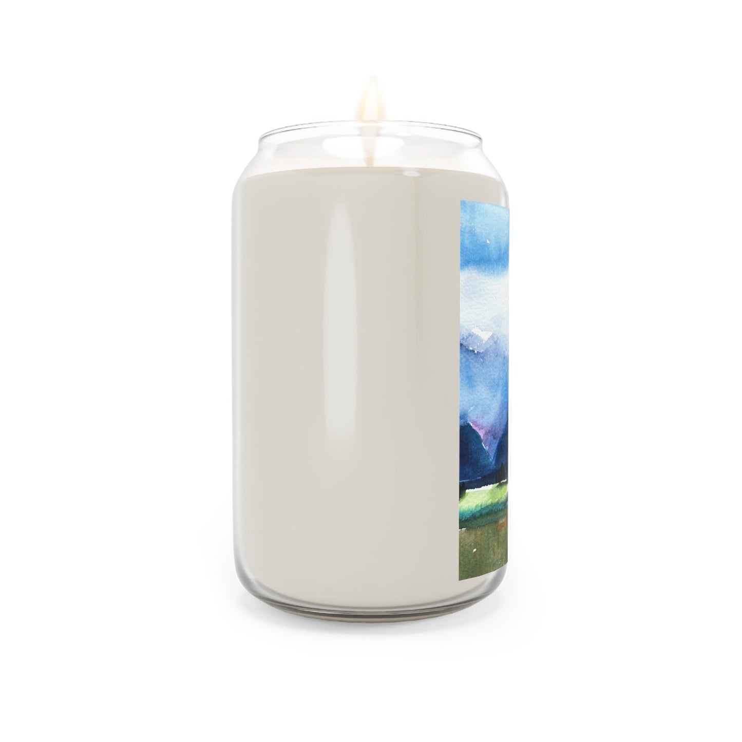 13.75oz Eco-Friendly Scented or Unscented Soy Wax Candle Jar with 'Tranquil Mountain View 4' Landscape Watercolor Artwork by American Artist Barbara Cleary-1