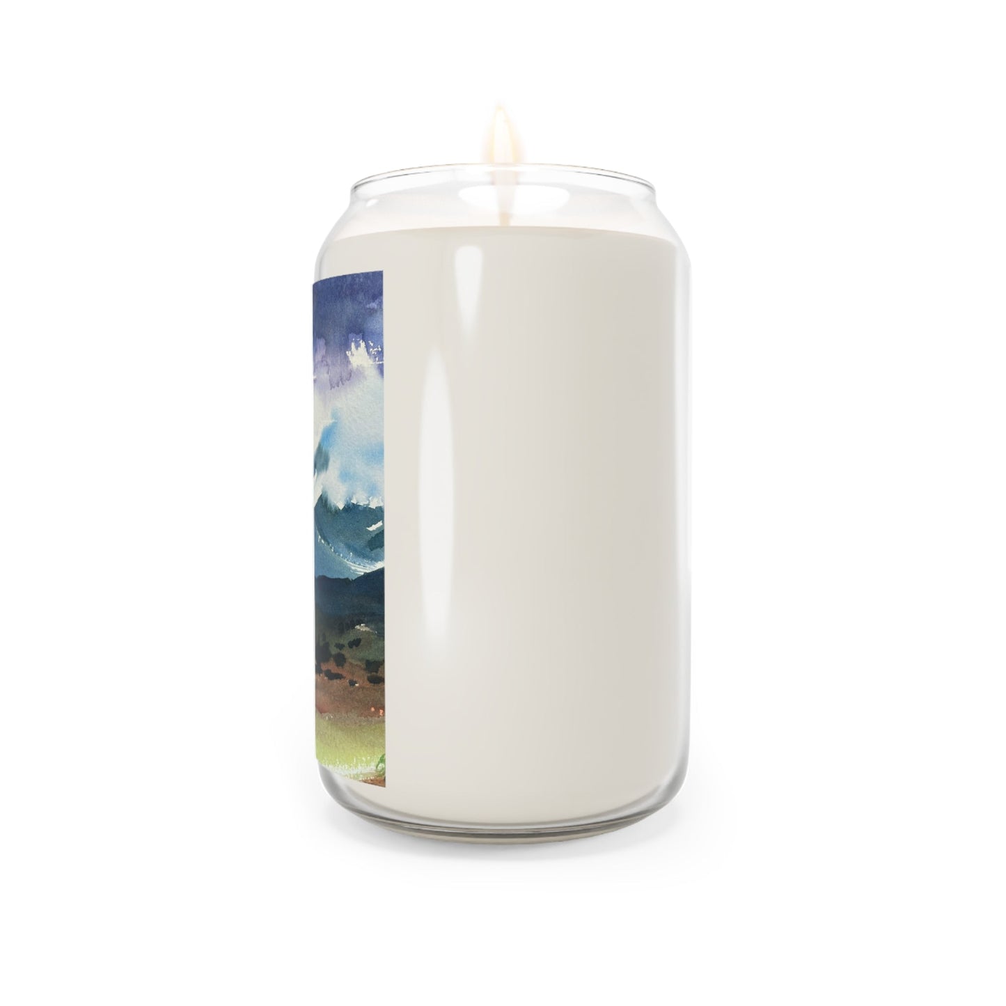 13.75oz Eco-Friendly Scented or Unscented Soy Wax Candle Jar with 'Tranquil Mountain View 3' Landscape Watercolor Artwork by American Artist Barbara Cleary-3