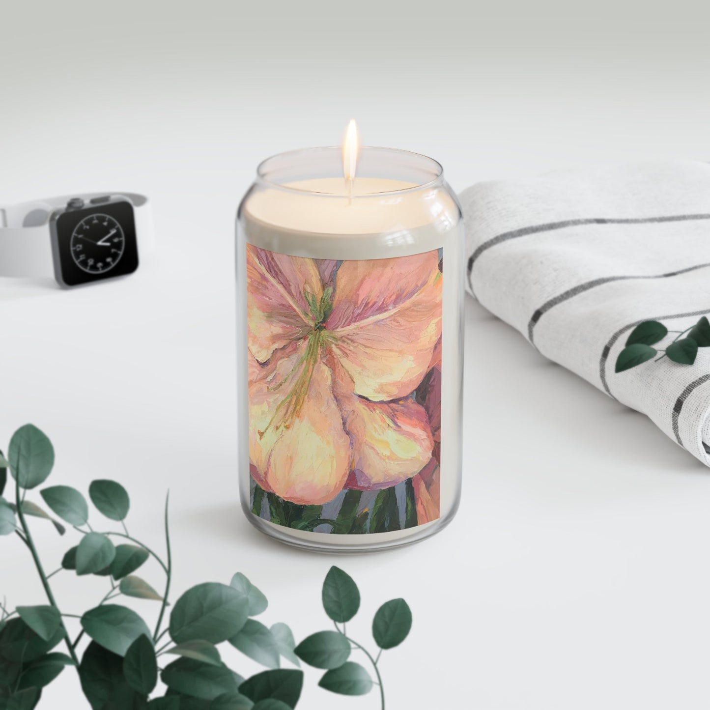 13.75oz Eco-Friendly Scented or Unscented Soy Wax Candle Jar with 'Amaryllis' Artwork by American Artist Barbara Cleary-2