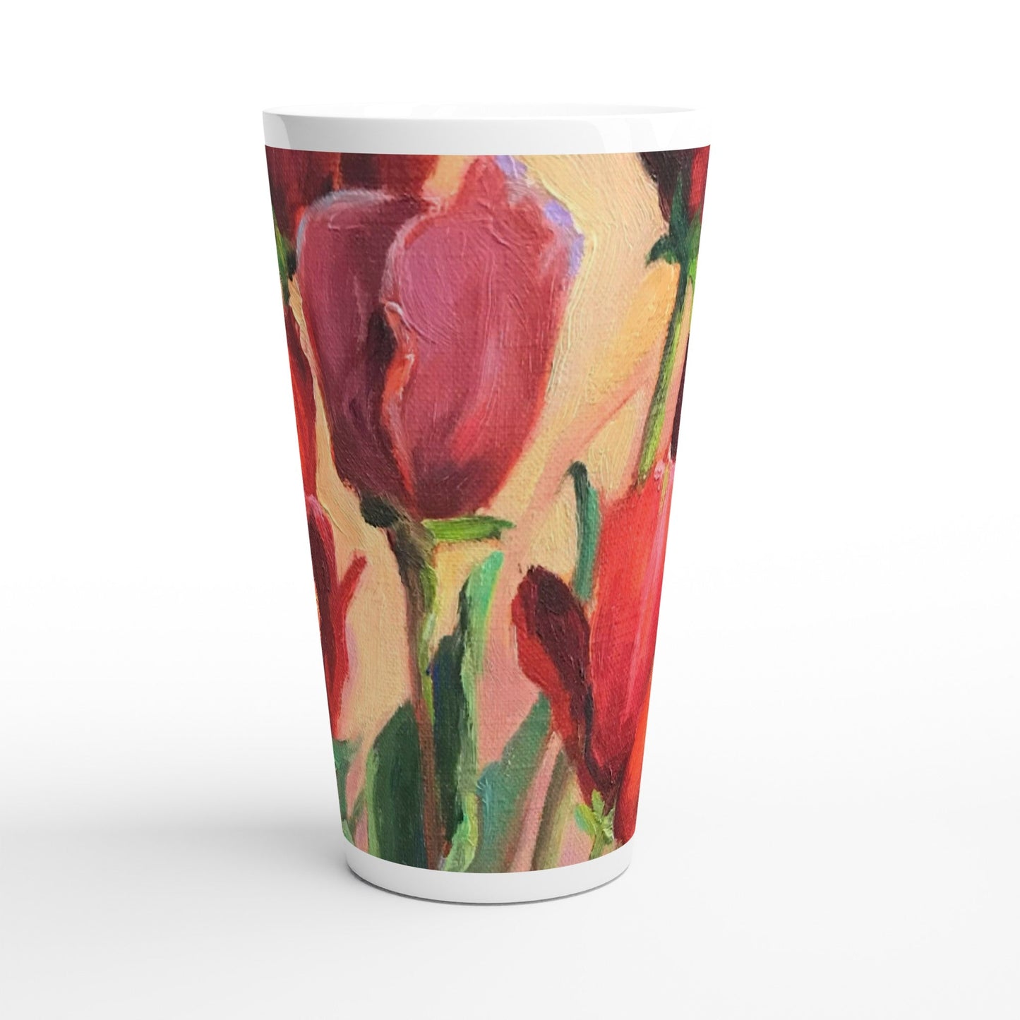 17oz White Ceramic Latte Mug | Coffee Cup with 'Tulips' Floral Artwork by American Artist Barbara Cleary-3
