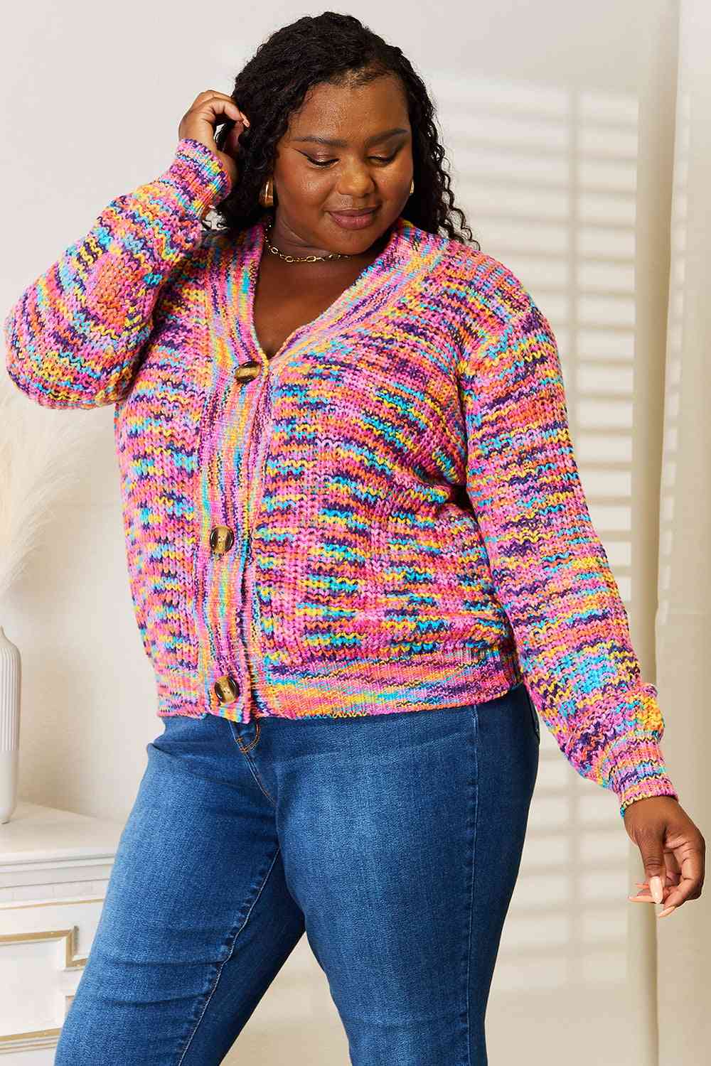 Woven Right V-Neck Long Sleeve Cardigan-2