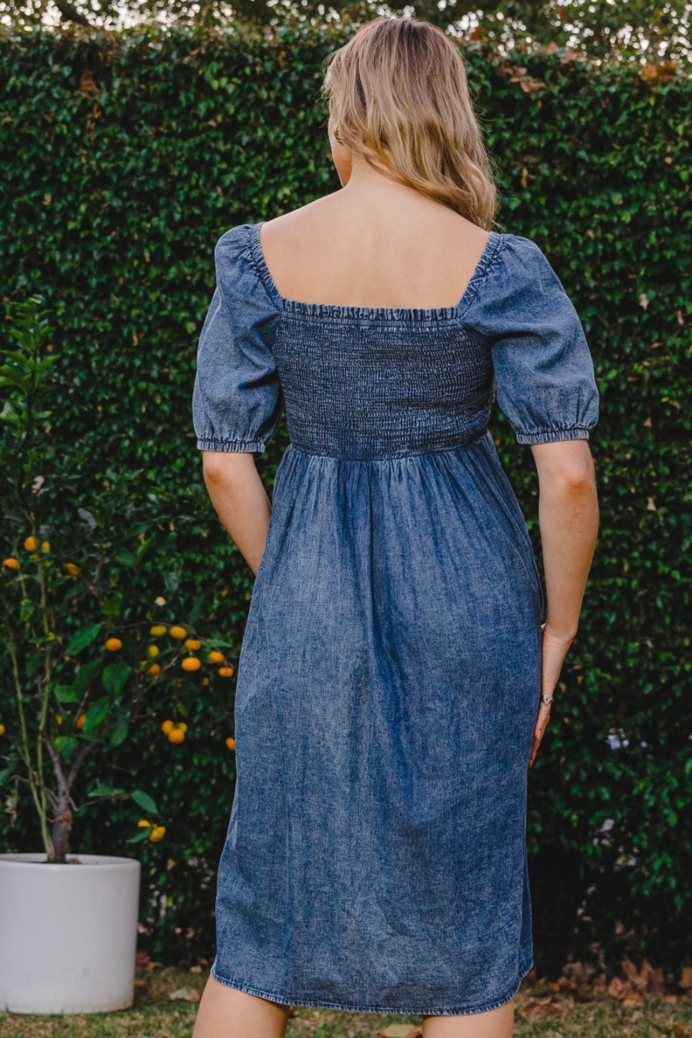 ODDI Full Size Washed Smocked Puff Sleeve Dress-1
