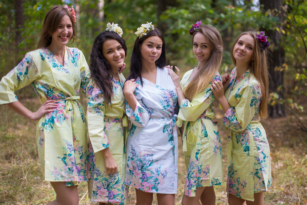 Light Yellow Blooming Flowers Pattern Bridesmaids Robes-2