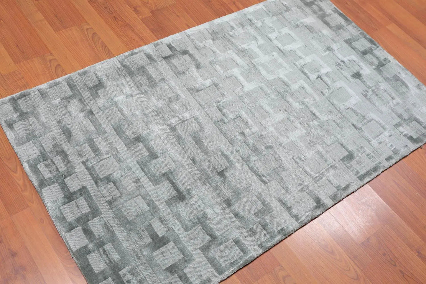 3' x 5' Handmade 100% Bamboo Silk Loop & cut Pile Geometric Area rug Aqua-1