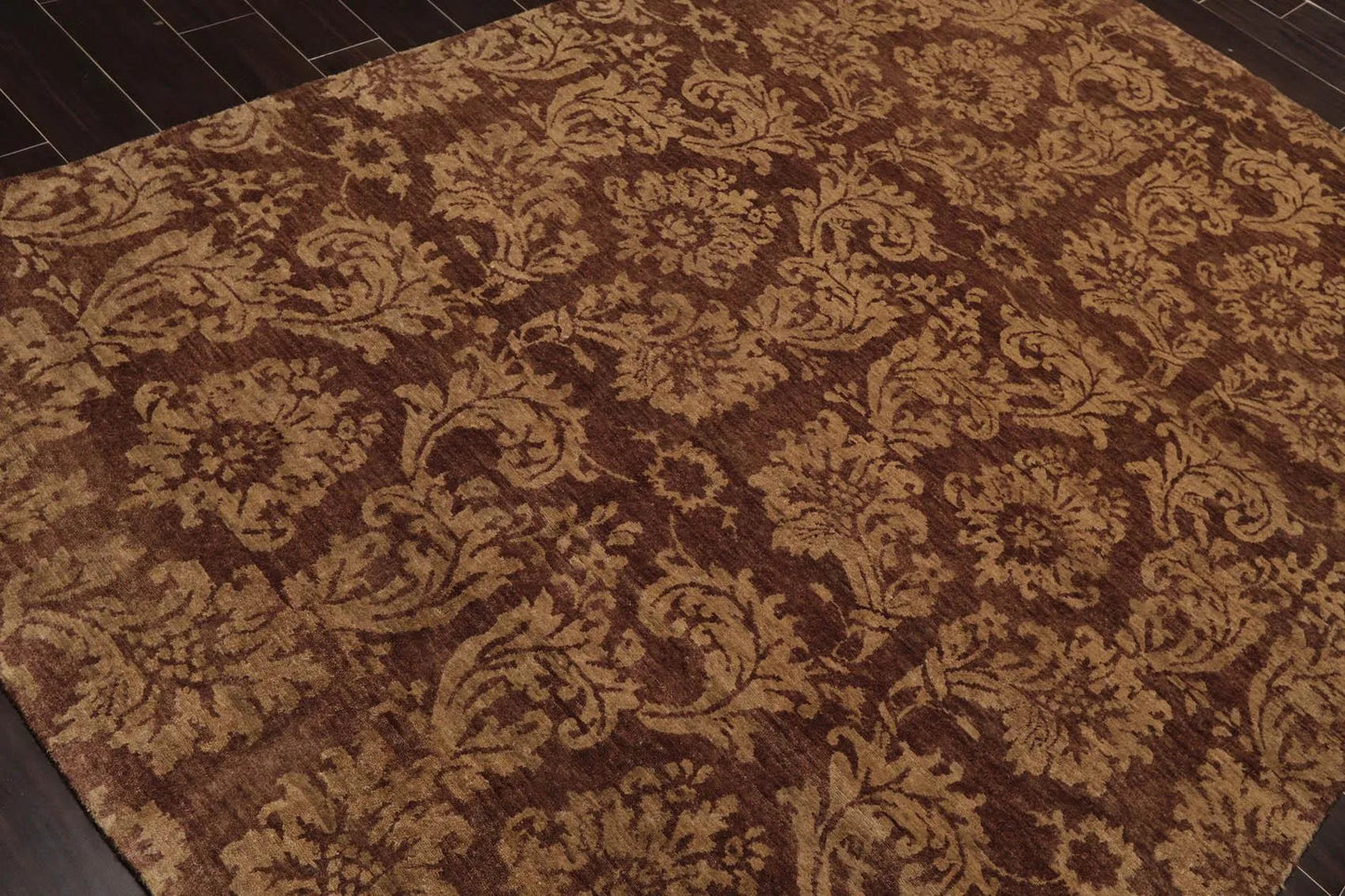 6' x 8'8'' Hand Knotted New Zealand Wool Damask Antique Finish Area Rug Brown-3