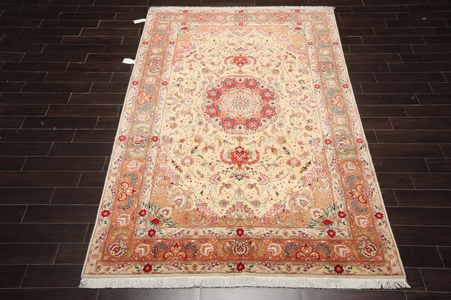 6x9 Hand Knotted Wool and Silk Traditional Tabriz 300 KPSI Oriental Area Rug Ivory, Peach Color-2