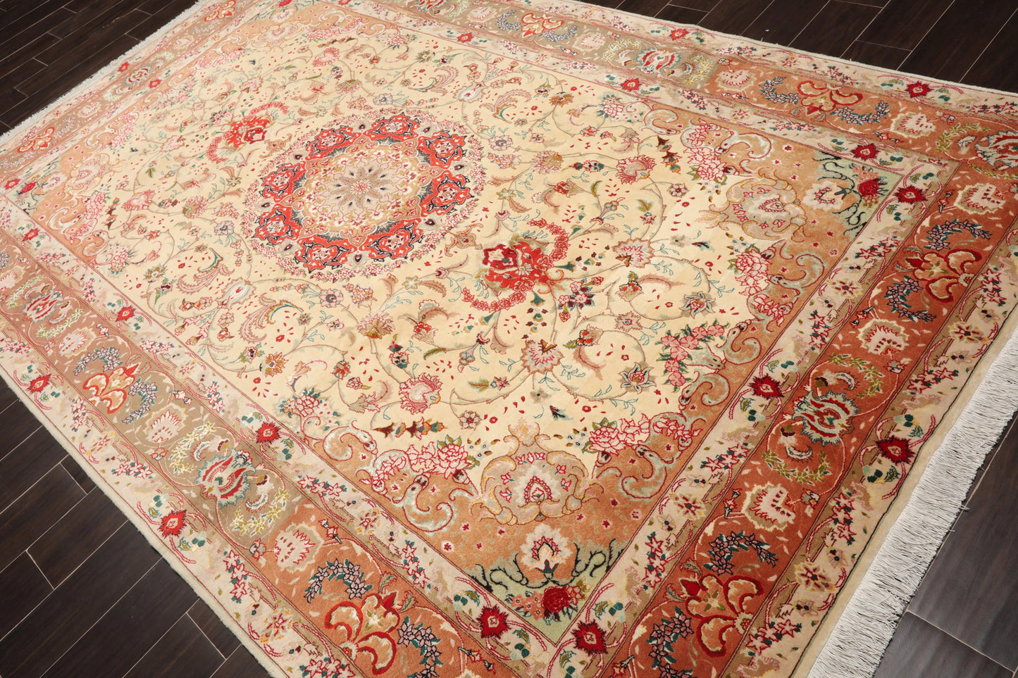 6x9 Hand Knotted Wool and Silk Traditional Tabriz 300 KPSI Oriental Area Rug Ivory, Peach Color-3