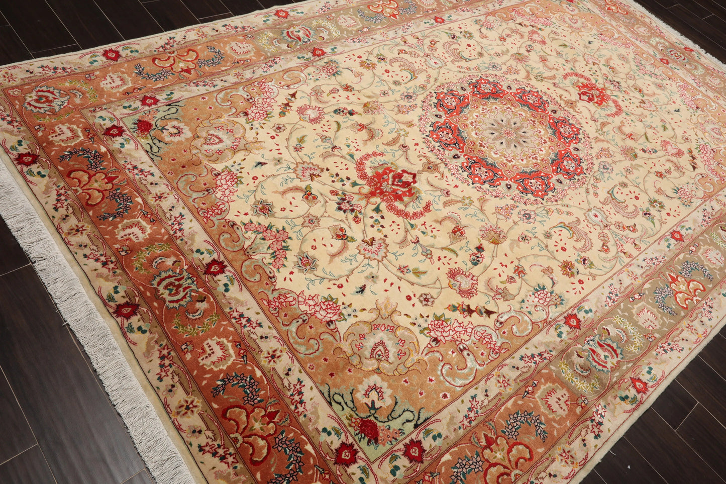 6x9 Hand Knotted Wool and Silk Traditional Tabriz 300 KPSI Oriental Area Rug Ivory, Peach Color-4