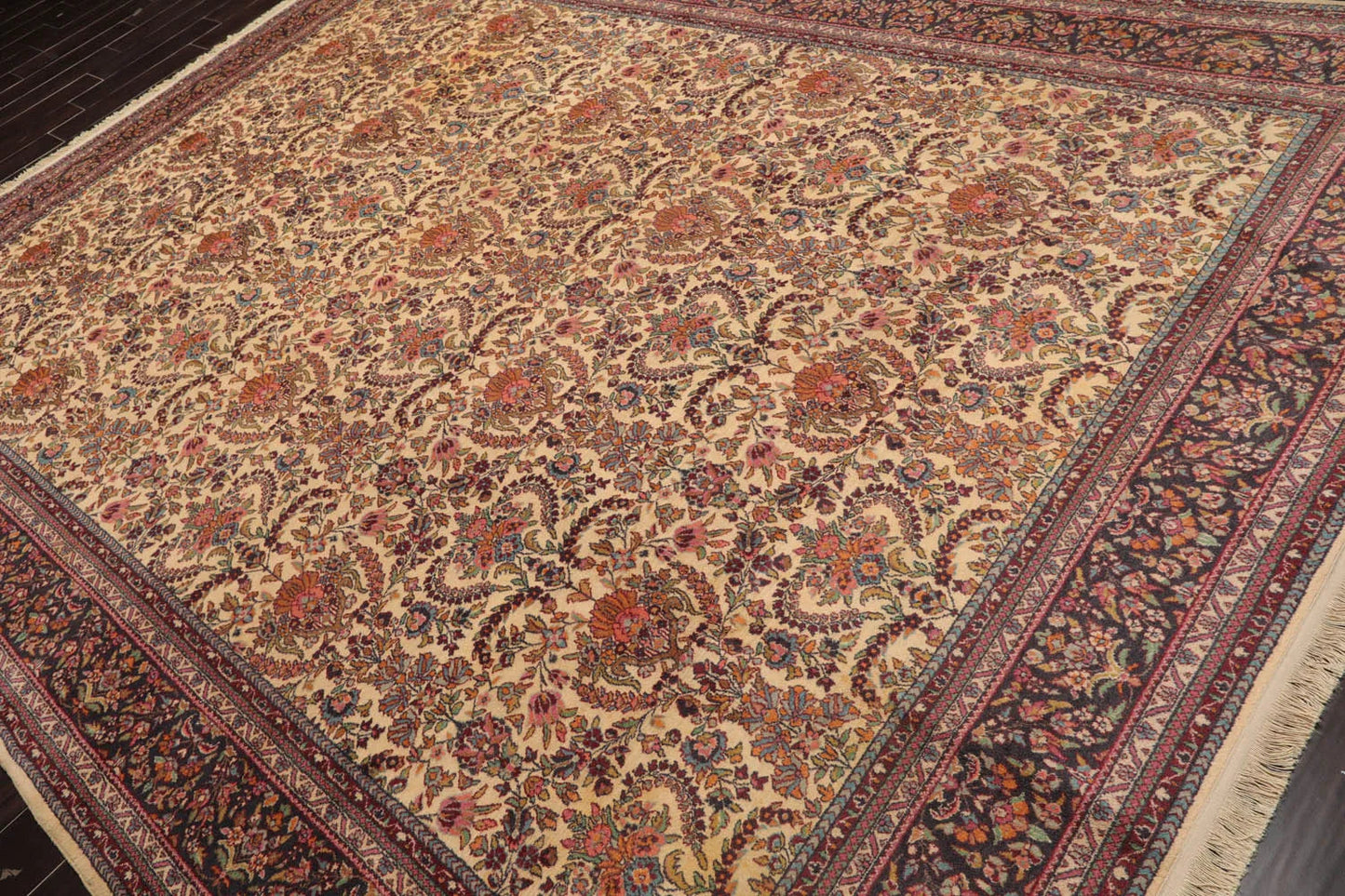 9x12 Warm Beige, Charcoal Hand Knotted 100% Wool Kerman Vintage Traditional Oriental Area Rug-3