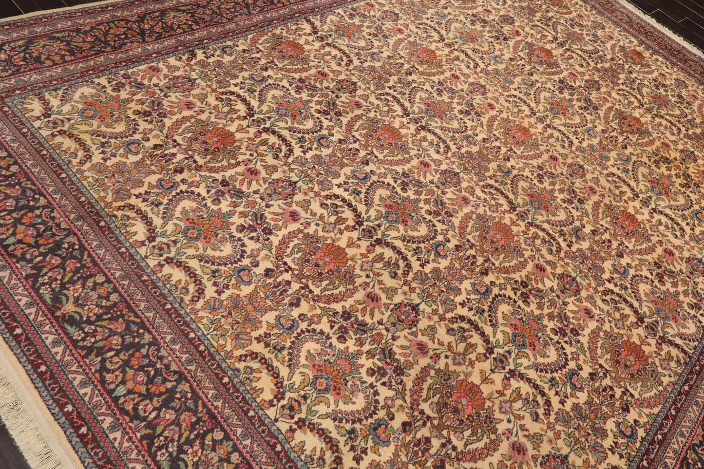 9x12 Warm Beige, Charcoal Hand Knotted 100% Wool Kerman Vintage Traditional Oriental Area Rug-4