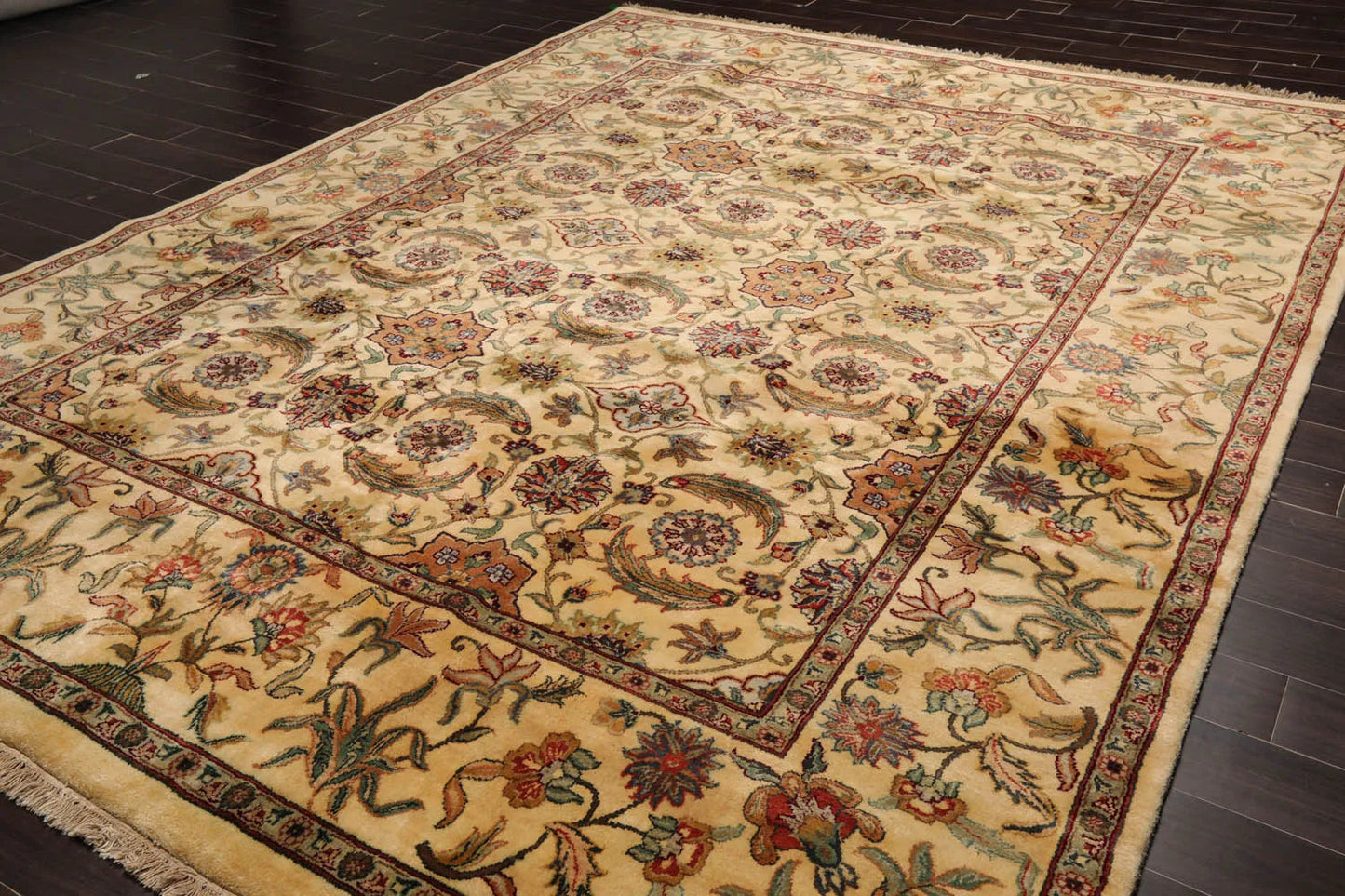 9x12 Ivory, Aqua Hand Knotted 100% Wool Agra Traditional Oriental Area Rug-3