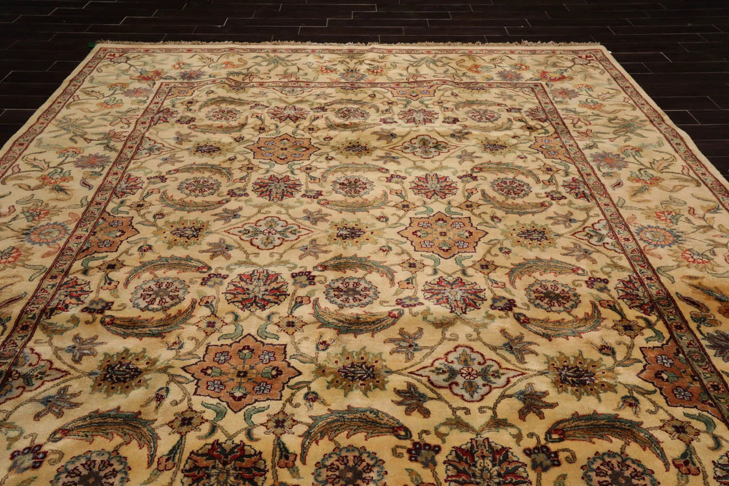 9x12 Ivory, Aqua Hand Knotted 100% Wool Agra Traditional Oriental Area Rug-4