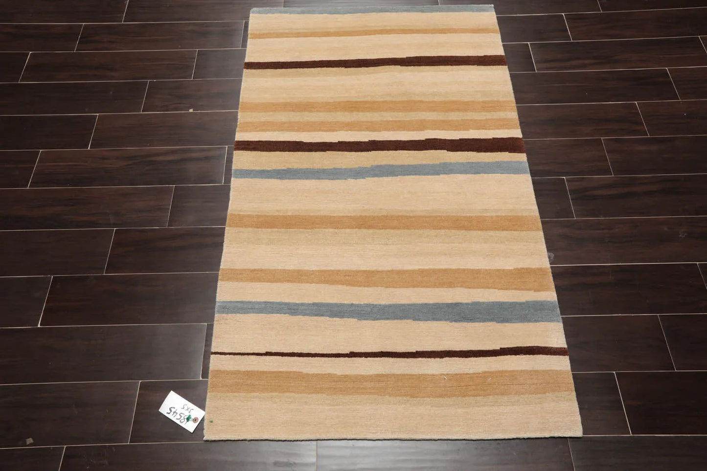 3x5 Hand-Knotted Contemporary Striped Tibetan Wool Area Rug Beige-2