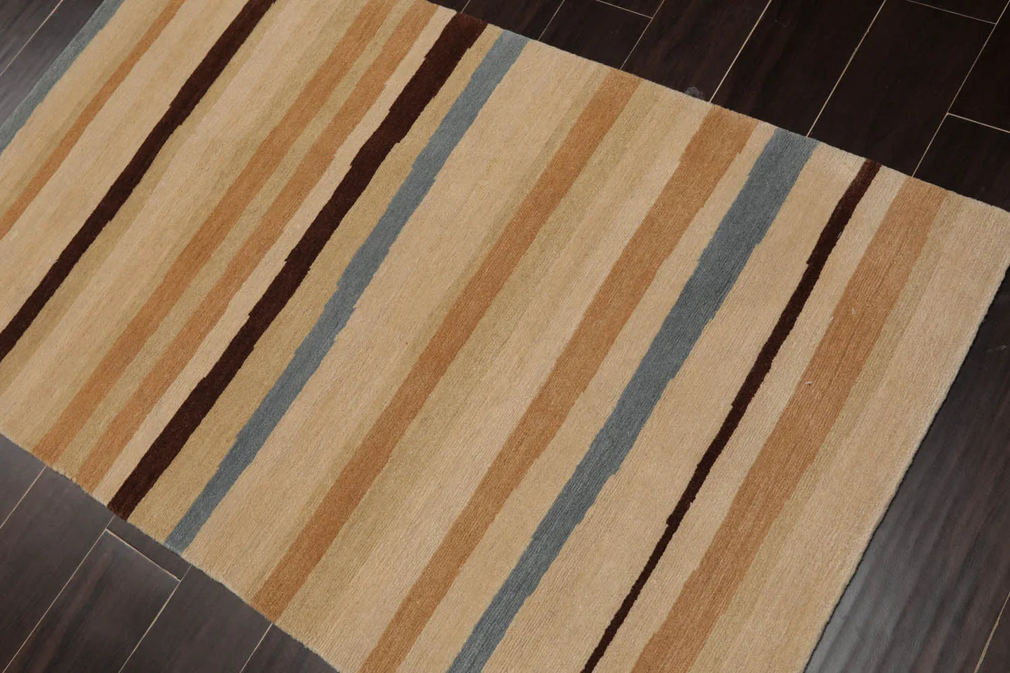 3x5 Hand-Knotted Contemporary Striped Tibetan Wool Area Rug Beige-3