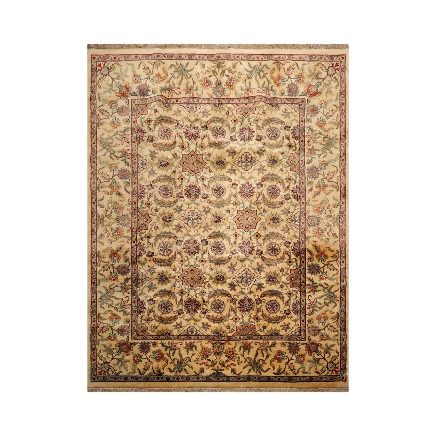 9x12 Ivory, Aqua Hand Knotted 100% Wool Agra Traditional Oriental Area Rug-1