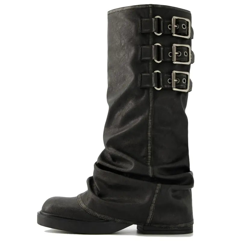 ClassicSter Fold Over Knee High Boots Slouch Boots for Women Chunky Goth Platform Boots2 inch Heel Wide Calf Long Boots Square Toe Riding Boots(US 7)