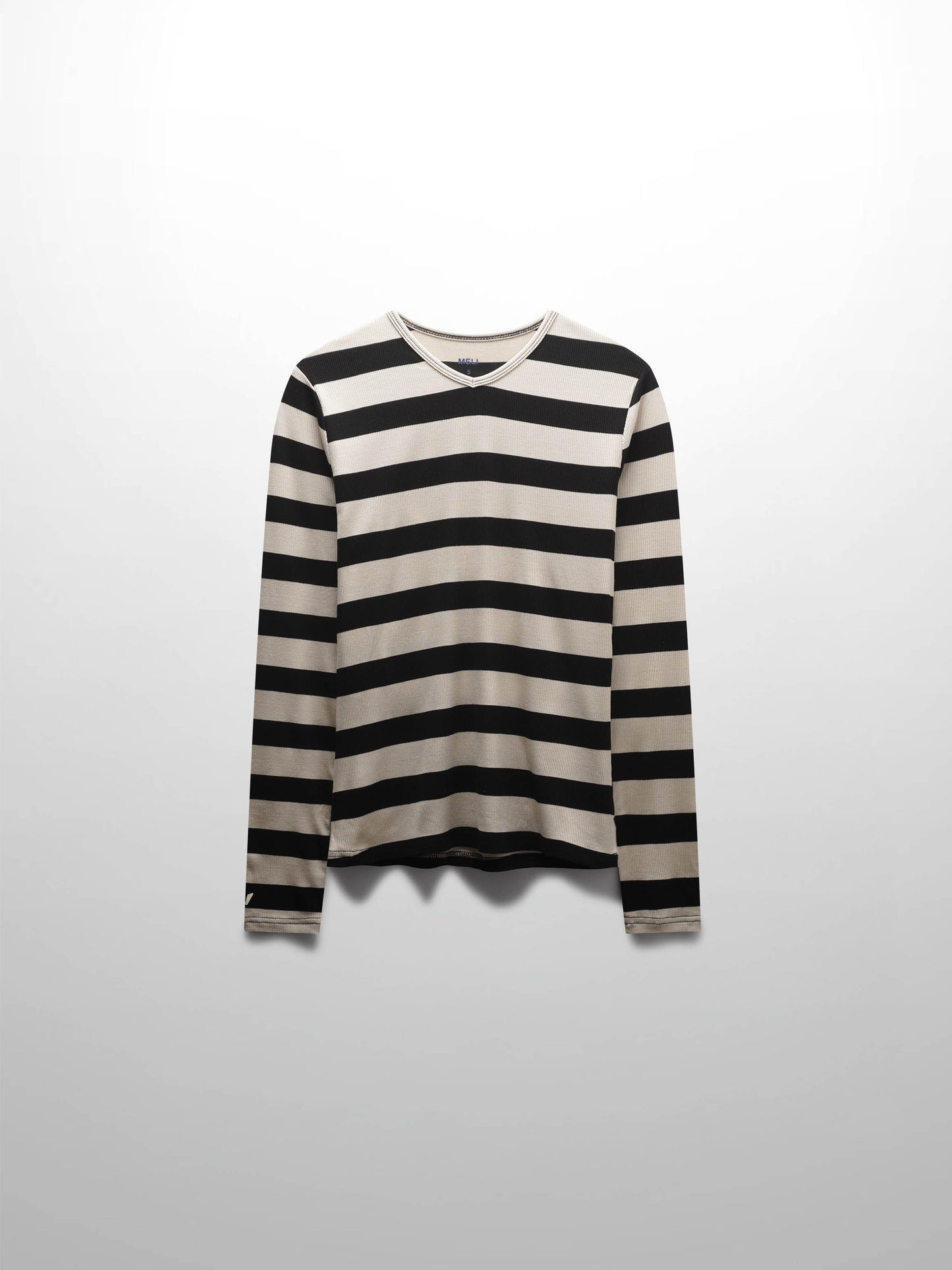 Ribbed Striped High V Tee Long Sleeve-Tan/Black-1