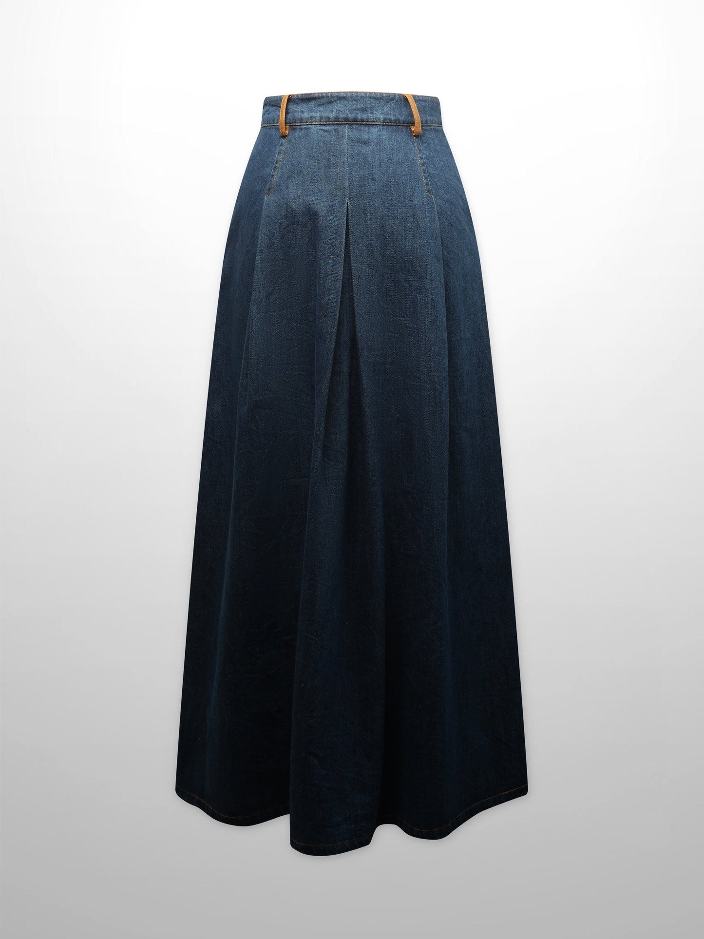 Leather Trim Denim Skirt-Blue-1